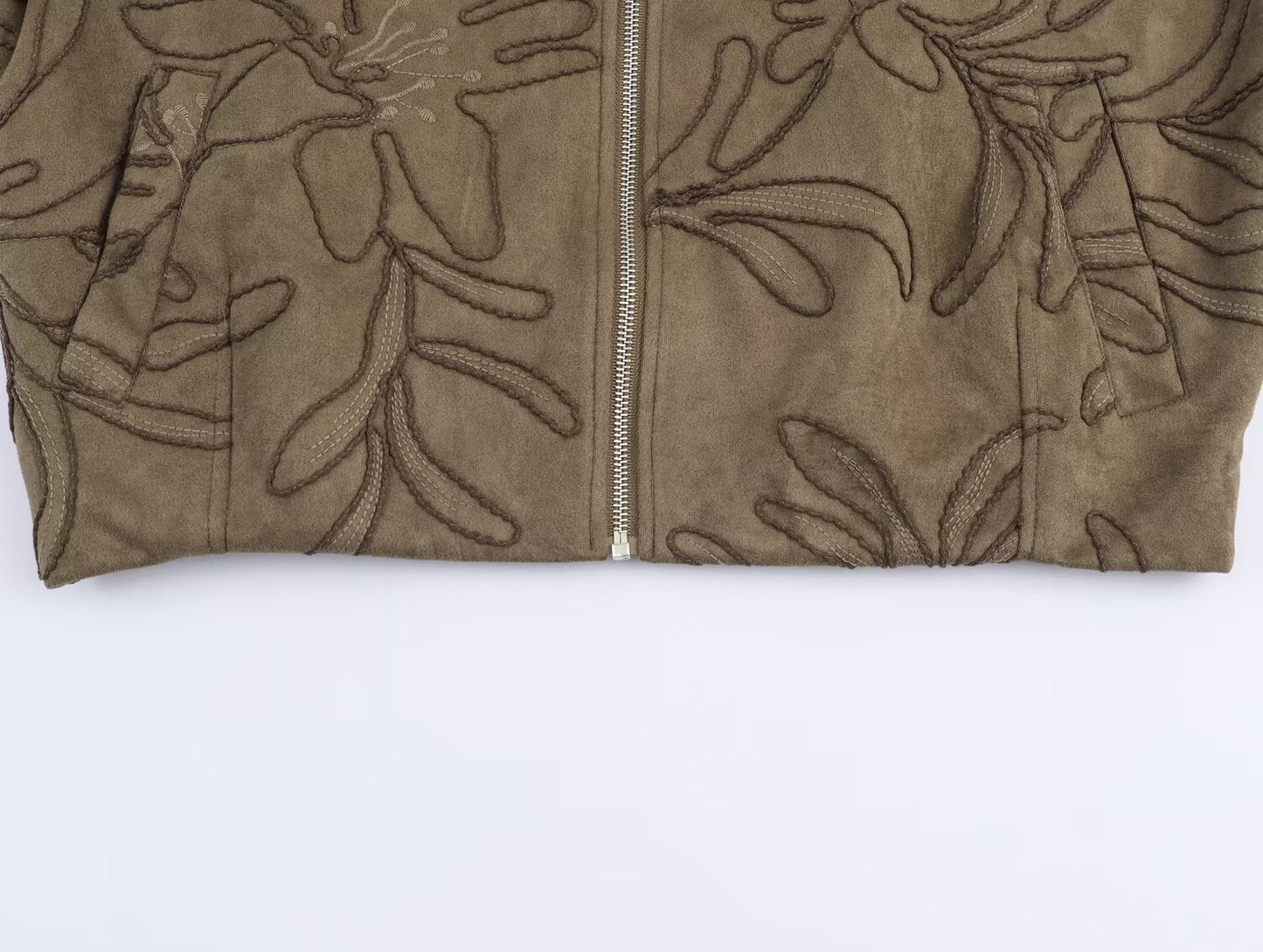 Women's embroidered suede texture O Neck pilot jacket Coat