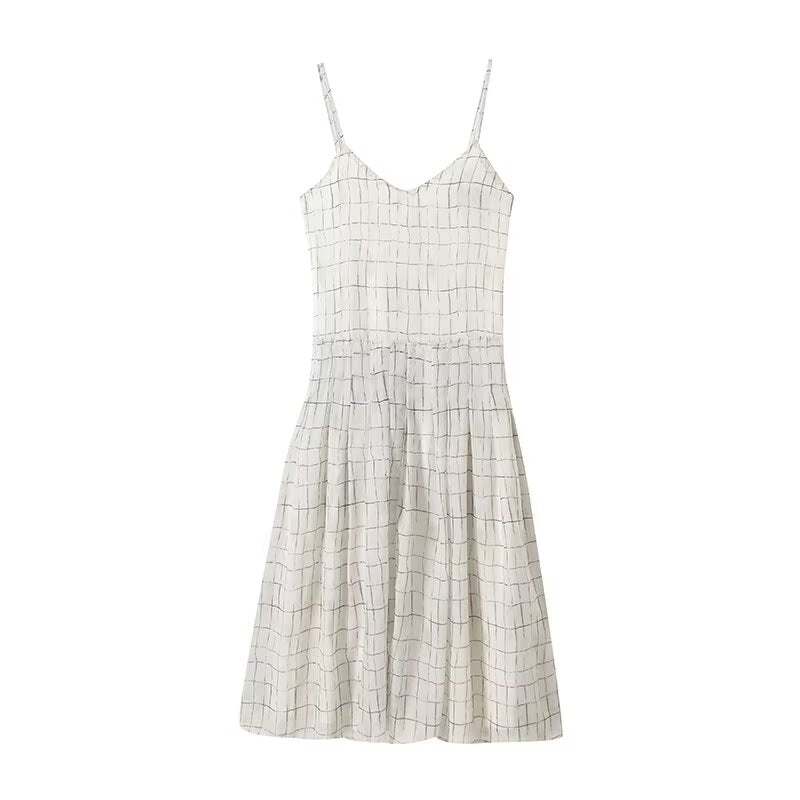 Women's summer fashion vacation style Plaid suspender MIDI dress