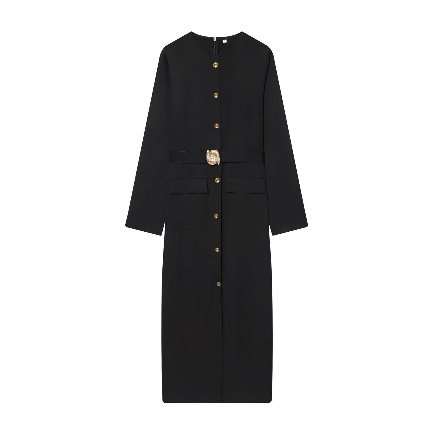 Women's With Belt O Neck Long Sleeve Midi Dress