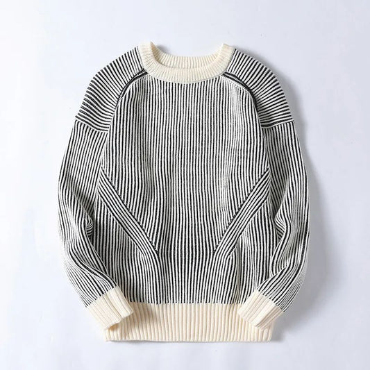 Men's New Fashion and Leisure Joker Striped Contrast Retro Loose Round Neck New Sweater Pullover Autumn and Winter Lazy Sweater