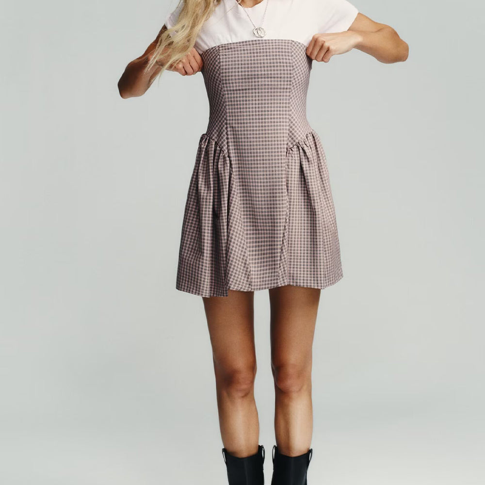 Women's new fashion pleated design plaid strapless mini dress