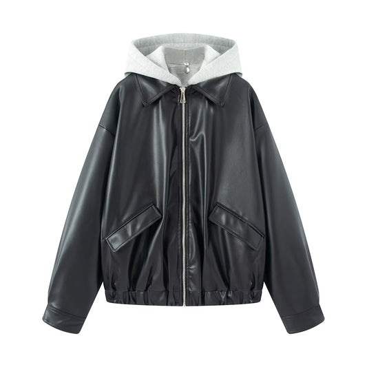 Women's patchwork hooded PU leather jacket Coat