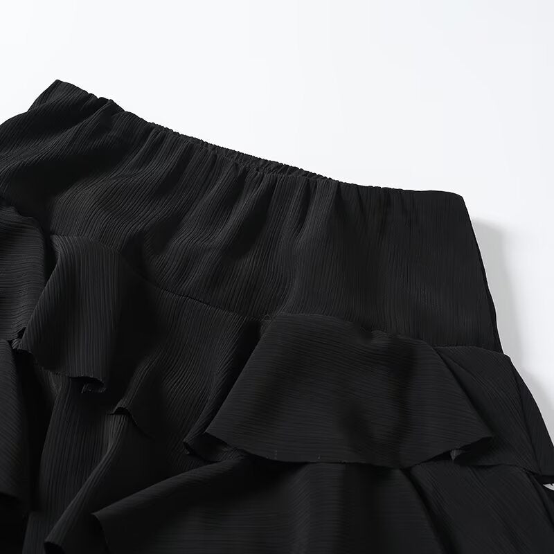 Women's new fashion black ruffled draped MIDI skirt