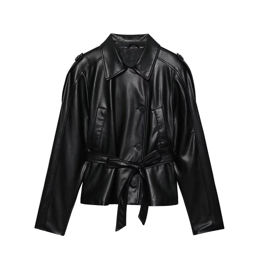Women's new fashion with Belt black short Faux Leather windbreaker Coat