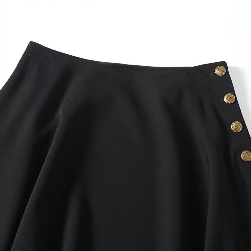 Women's buckle decoration black draped trumpet Midi skirt