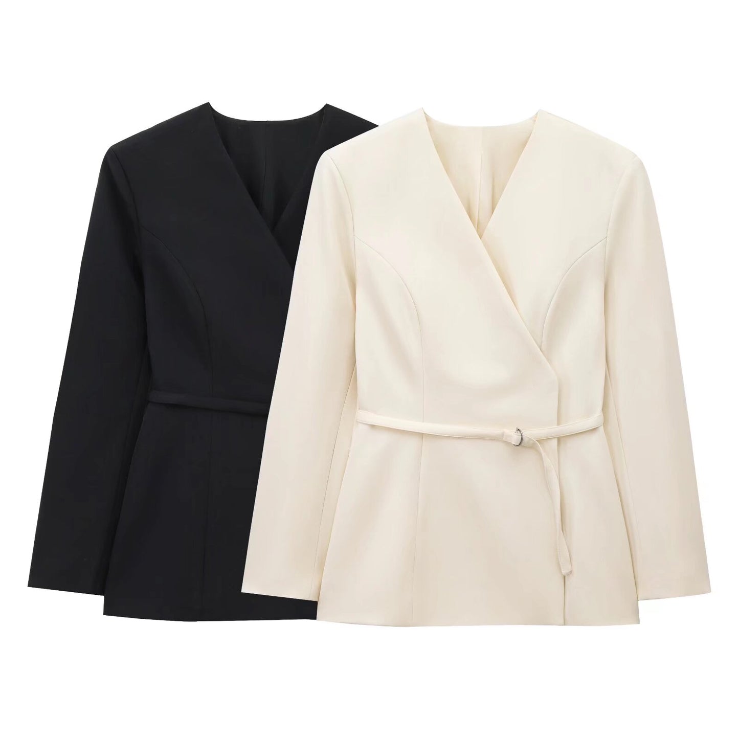 Ladies New Fashion Belt Accessories Wrapped V-neck Blazer Retro Long-sleeved Ladies Coat Chic Top Blazer 