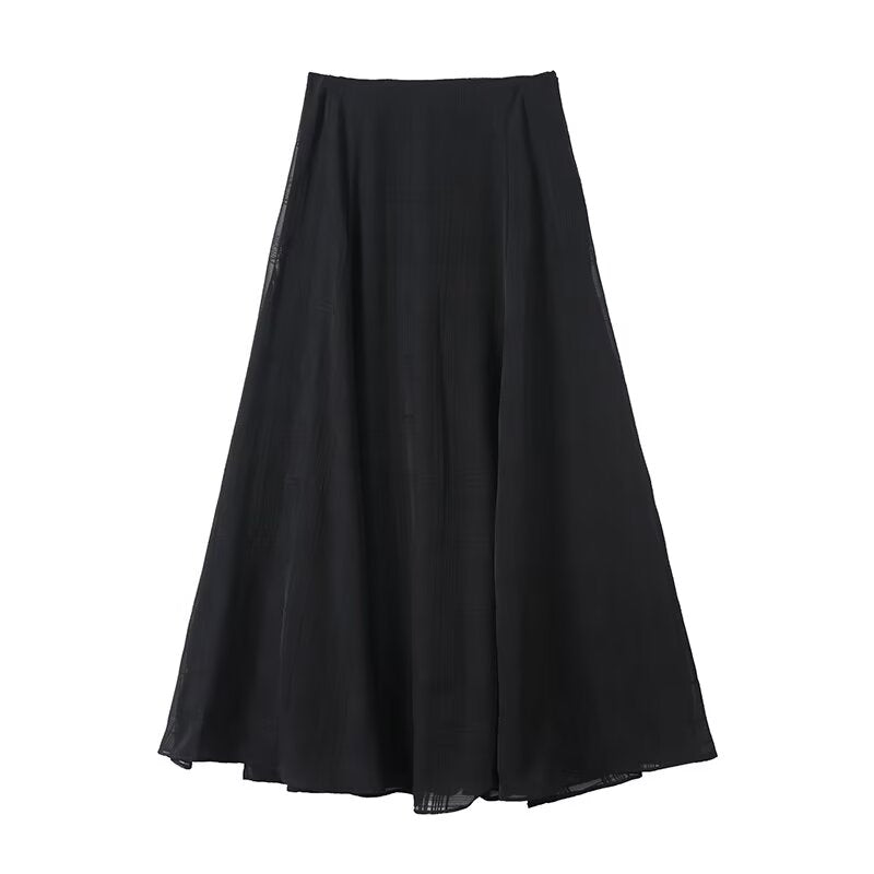 Women's New Fashion draped texture Plaid wide swing MIDI skirt