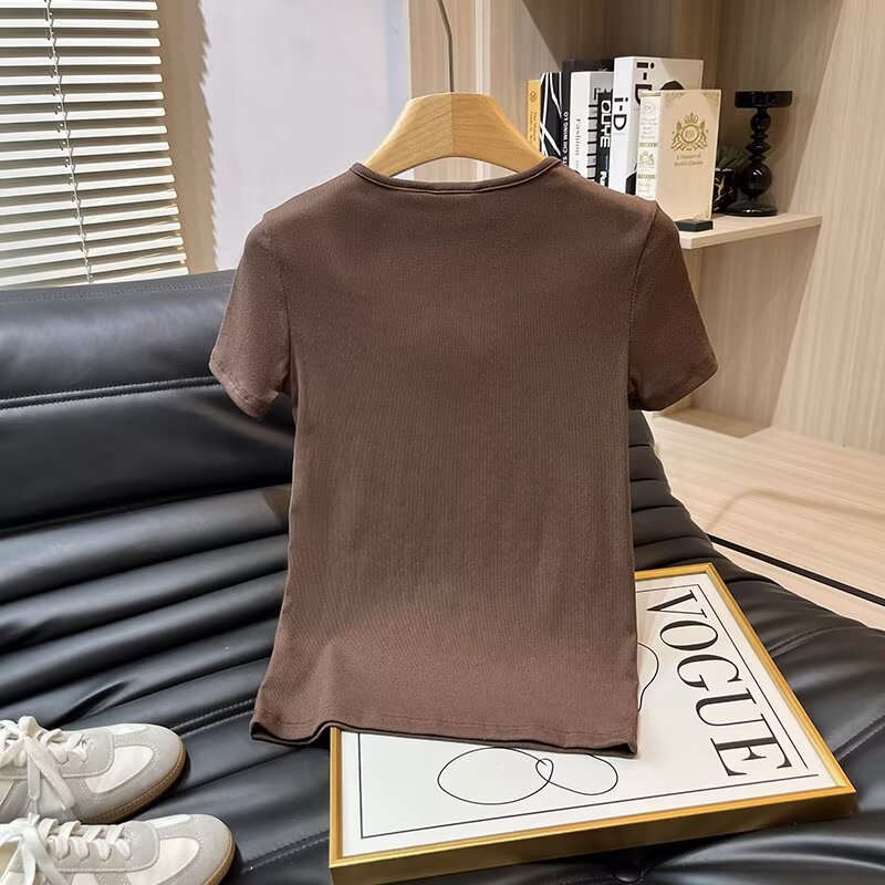 Women's new fashion buckle decoration short sleeved T-shirt top