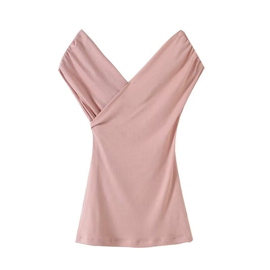 Women's new fashion slim one shoulder V-neck T-shirt top