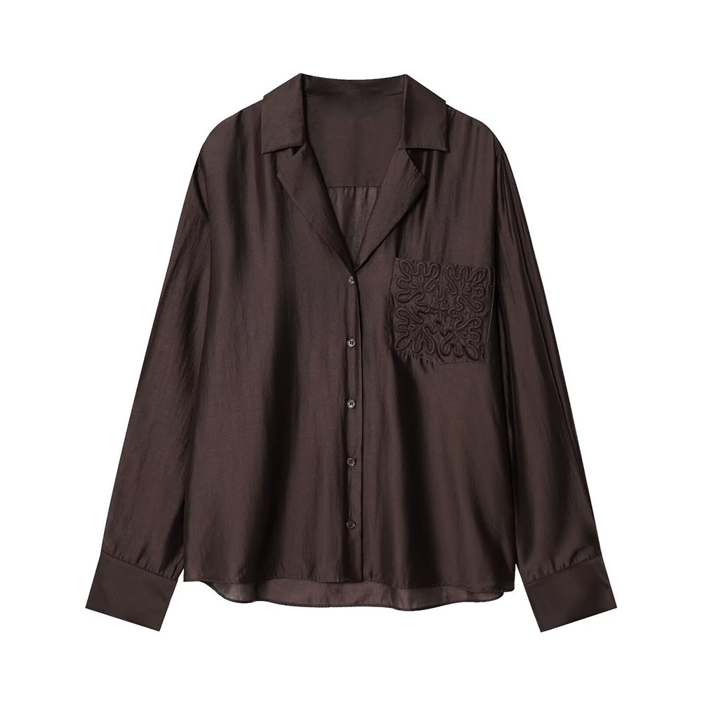 Women's new fashion embroidered pocket decoration long sleeved shirt