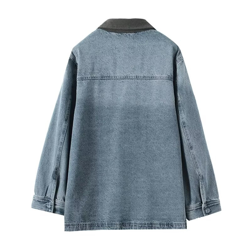 Women's multi-pocket design patchwork lapel denim Coat