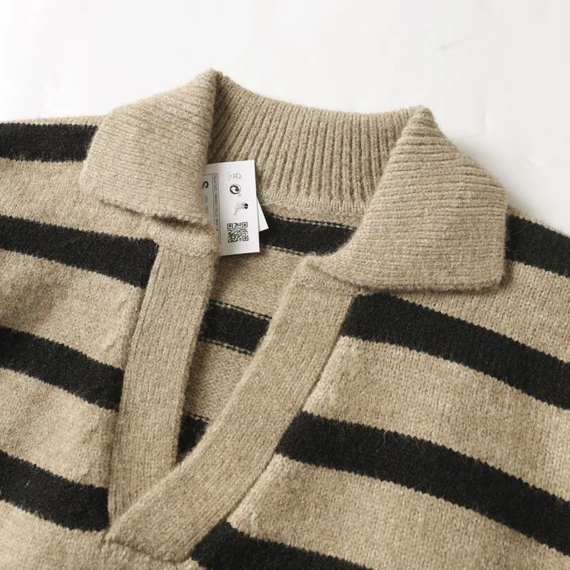 Men's New Fashion Casual Loose Striped Sweater Shirt Polo Neck Knitted Sweater Retro Long Sleeve Sweater