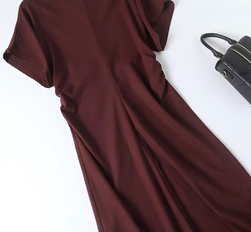 Women's new fashion pleated waist cinched O Neck short sleeved MIDI dress