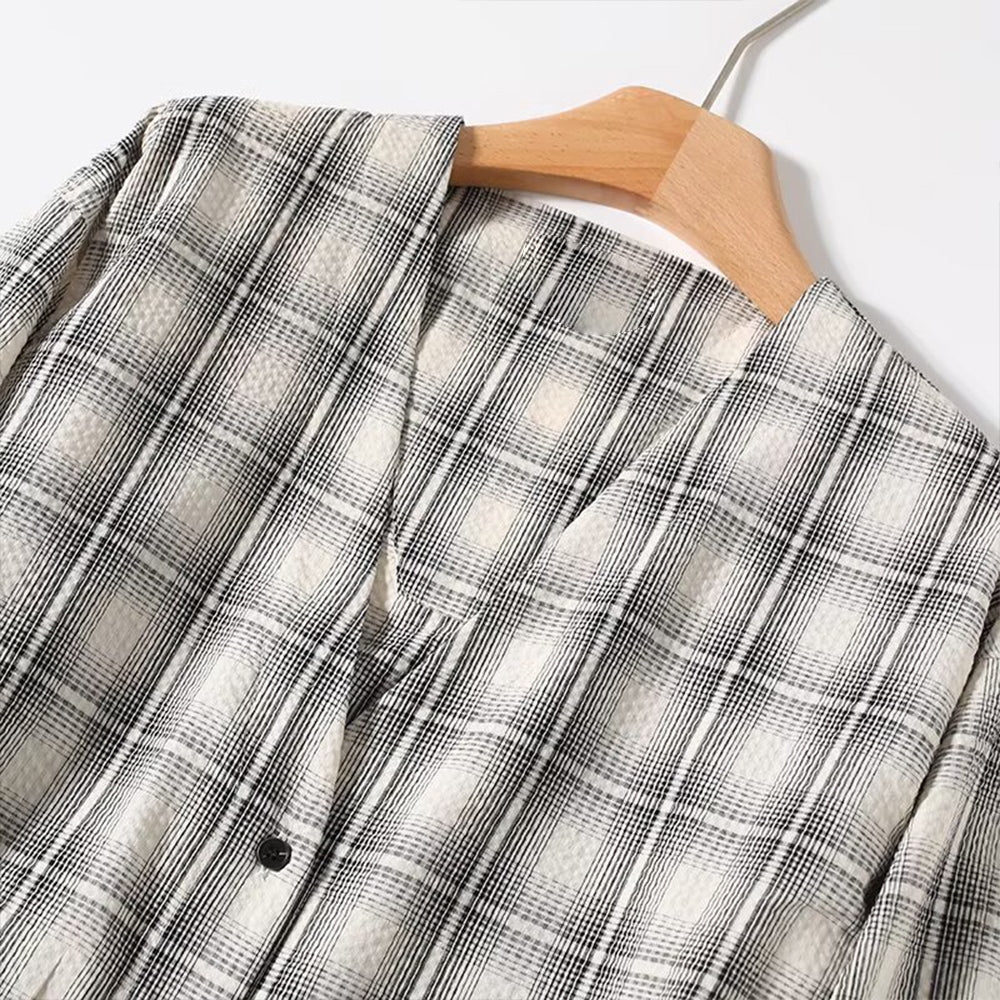 Women's new fashion casual long style V-neck plaid shirt