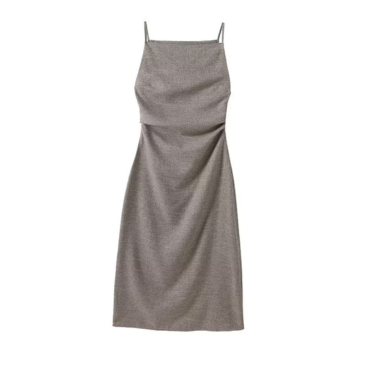 Women's new fashion pleated decoration slim suspender MIDI dress